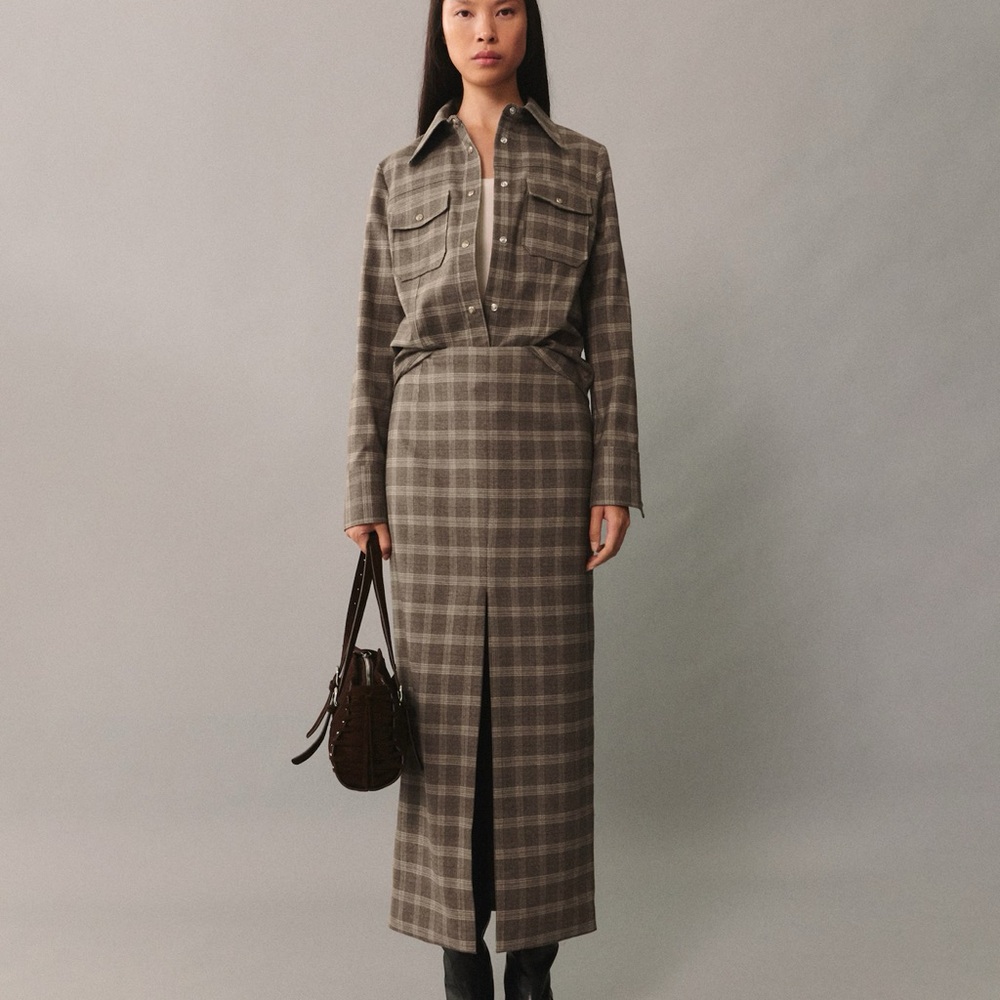 Mango Checkered Brown Midi Skirt